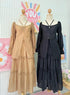 Wide Neck Lace Long Sleeves Slit Tops With Tiered Long Skirts